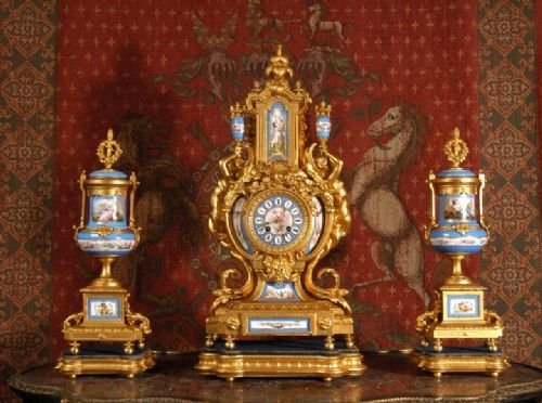 *****  Sold  *****   Japy Freres Sevres Porcelain and Gilt Metal Clock Set